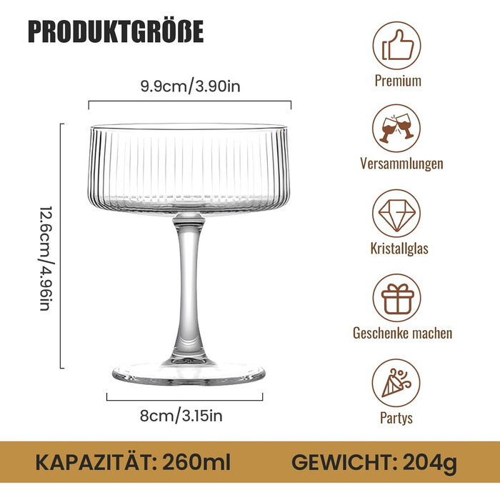 Бокали для Мартіні Crystal Coupe 4 шт, 226.8 г, ручної роботи для коктейлів, шампанського, Маніхетена
