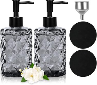 Дозатор мила чорний, скляний дозатор для ванної кімнати, наповнюваний дозатор з нержавіючою сталею, 2 підставки, 330 мл, вінтажний дизайн