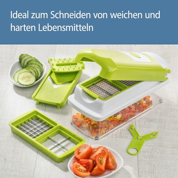 Набір для нарізки овочів Genius Nicer Dicer Smart (14 шт.) - набір для нарізки кубиками, соломкою, слайсами, смужками та чвертями, з рецептами. Включає салатослайсер, мандоліну та овочечистка.