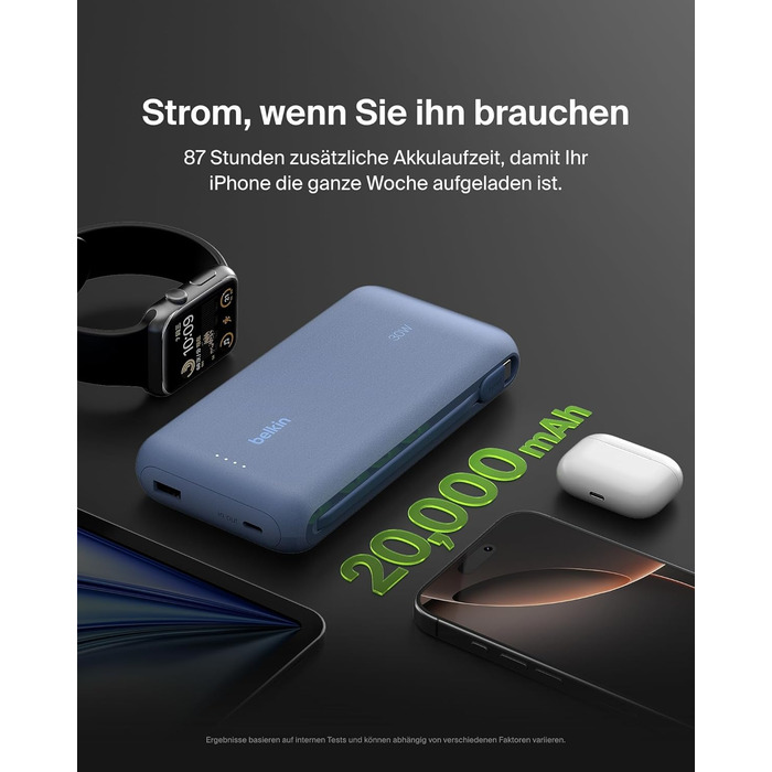 Зовнішній акумулятор Belkin BoostCharge 20K PD 30W з вбудованим кабелем USB-C, Power Bank для iPhone 16, iPad Pro, Samsung Galaxy S25, синій