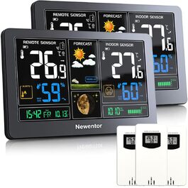 Newentor Weather Station Radio with Outdoor Sensor - Radio Weather Station with Weather Forecast, Temperature Warning, DCF Radio Clock - Battery and Mains Powered, Black