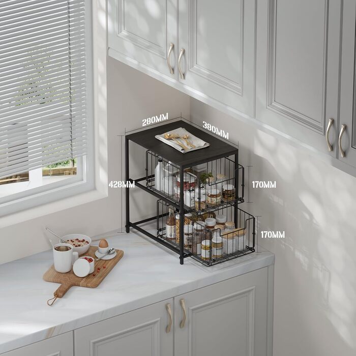 Meltrck Spice Rack and Kitchen Organizer, 2-Tier Pull-Out Kitchen Organizer, Metal and Wood Composite for Kitchen, Countertop, Pantry, and Dining Room (Black)