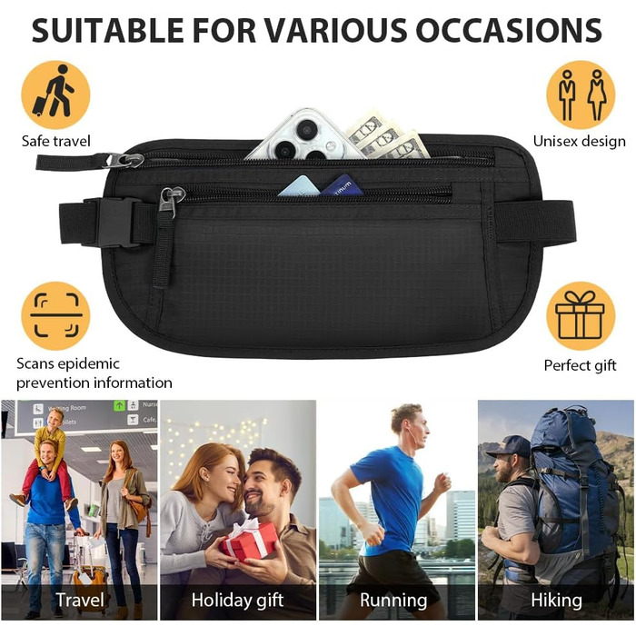 Чоловіча/Жіноча поясна сумка DiULi, чорна, з двома блискавками та регульованими ремінцями для спорту, подорожей та активного відпочинку