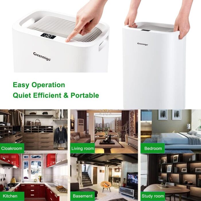 Електричний осушувач повітря Greenmigo 13л/24г - для дому, підвалу, шафи. Осушувач повітря для приміщень до 50м² - тихий, з функцією очищення повітря. Захист від вологи та плісняви.