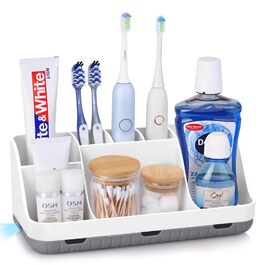 Тримач для зубних щіток у ванну кімнату: органайзер для електричної та звичайної зубної щітки, дозатор пасти, 7 відділень, білий