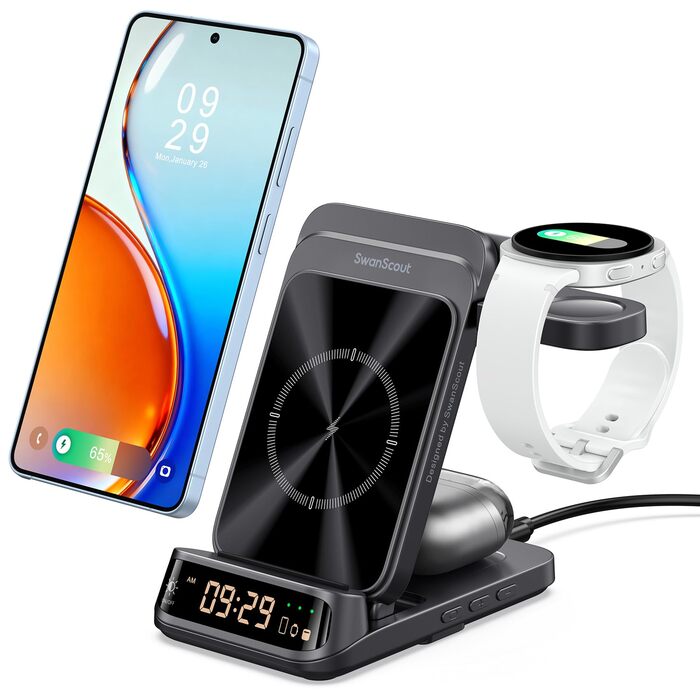 Бездротова зарядка SwanScout 708S для Samsung Galaxy S26 Ultra/+/S26/S25/S24/S23/S22/S21, Galaxy Watch Ultra/8/7/6/5/4, Galaxy Buds4 Pro (Без адаптера) Чорна