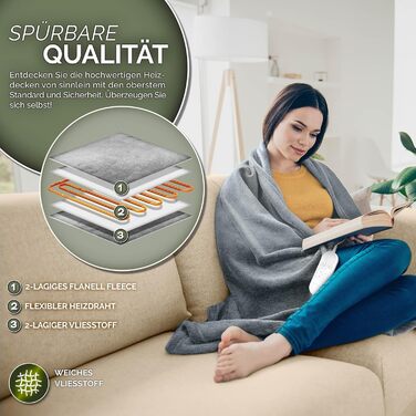 Електрична гріюча ковдра Sinnlein® з плюшу 200 x 180 см | 9 температурних режимів, таймер, автовимкнення, миється до 40°C, світло-сіра | Ковдра для сну та відпочинку