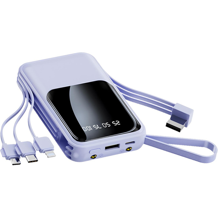 Powerbank 10000mAh з вбудованими кабелями: зарядка для iPhone 16/15/14/13, Android, Google Pixel (фіолетовий)
