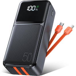 Портативний повербанк 50000mAh з кабелем: швидка зарядка PD30W, 5 виходів, 2 входи, LED дисплей, зовнішній акумулятор для телефону, чорний/помаранчевий