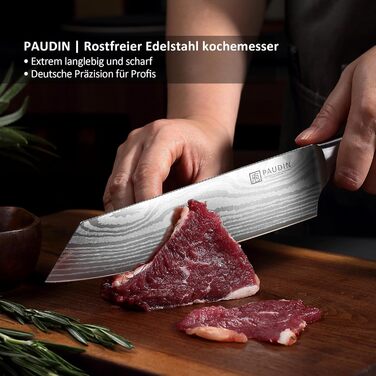 Японський ніж Santoku від Paudin, 20 см, Kiritsuke, з високоякісної сталі, ергономічна ручка, для м'яса, риби та овочів