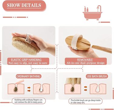 Щітка для тіла з довгим руків'ям, щітка для спини знімний руків'я, 2 головки, щітка для тіла для видалення, скрубер для спини у душі, натуральна щетина, для очищення тіла