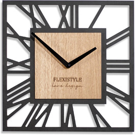 FLEXISTYLE Wall Clock No Ticking Sound Modern LOFT Piccolo Square 30cm Living Room Bathroom, z219n (Black Oak)