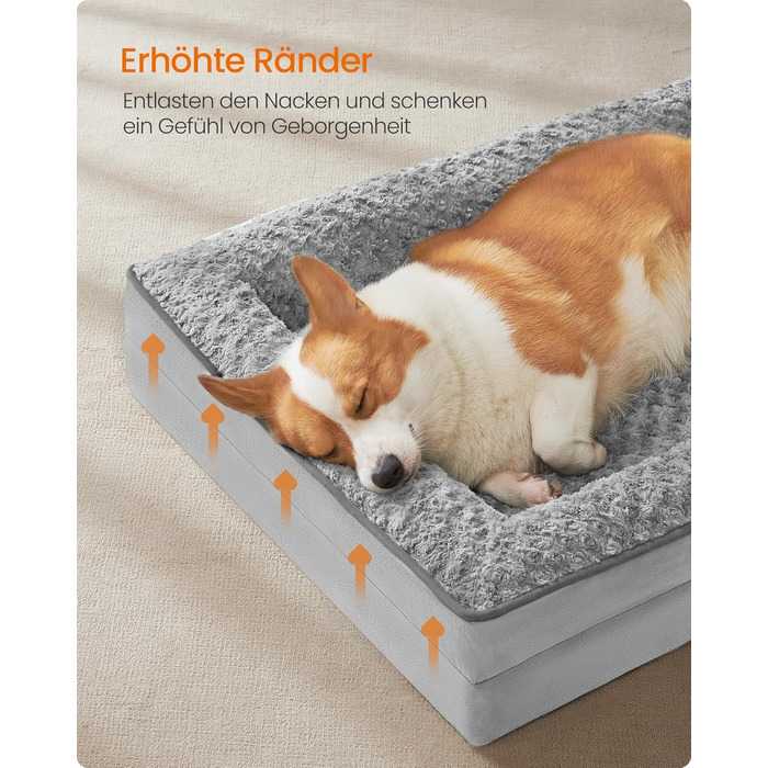 Ортопедичне ліжко для собак Feandrea, середнього розміру, водонепроникне, знімний плюшевий чохол, 91 x 68 x 16 см, Taubengrau PGW252G01 L