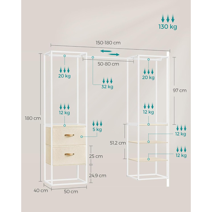 SONGMICS Clothes Rack, Open Wardrobe, High-Load-Capacity Coat Rack, 1 Extendable Rod, 2 Drawers, 4 Shelves, for Bedroom, Space-Saving, Natural Beige RGR003W67