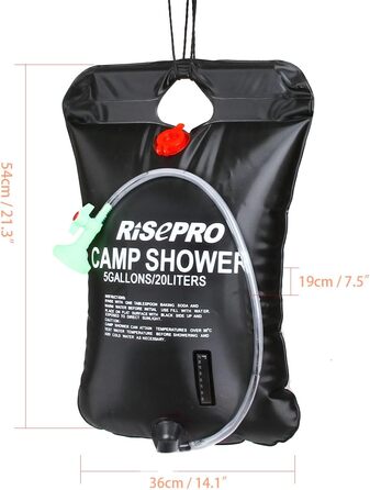 Соняшний душ RISEPRO на 20 літрів (5 галонів) з підігрівом до 45°C - для кемпінгу, подорожей, піших прогулянок та альпінізму
