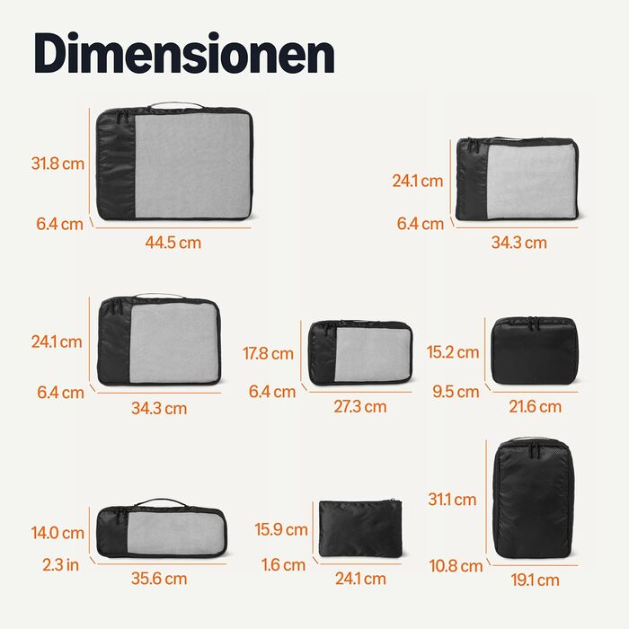 Органайзер для подорожей Amazon Essentials, 8 шт., чорний, з подвійним замком, 100% поліестер, різні розміри