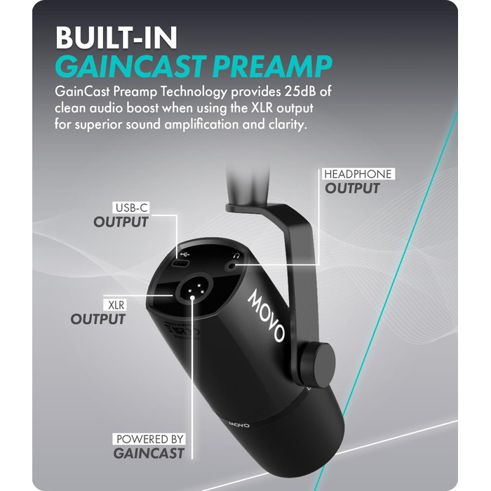 Динамічний мікрофон для подкастів Movo UM6 з підсилювачем GainCast, USB-C та XLR — студійний мікрофон для стрімінгу, геймінгу, вокалу та створення контенту