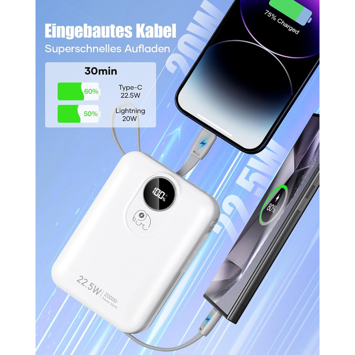 Power Bank 20000mAh з інтегрованим кабелем: Швидка зарядка 22.5W, USB C (вхід та вихід), акумулятор для мобільного телефону, Powerbank з 4 виходами та 2 входами, білий
