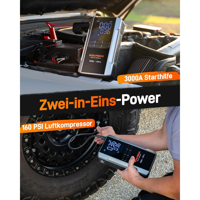 WOLFBOX 4000A Пускозарядний пристрій з компресором 160PSI, 12V, 65W, 88.8Wh, для бензинових/дизельних двигунів 10L, LED-ліхтар, кабелі, 4000A