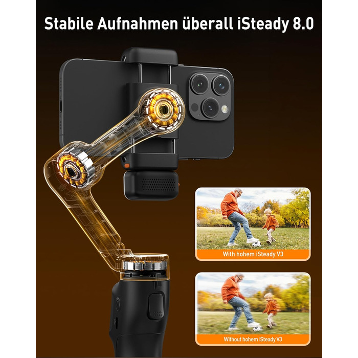 Hohem iSteady V3 - Стабілізатор для смартфона з контролером, AI-трекером, телескопічною штангою та штативом, чорний