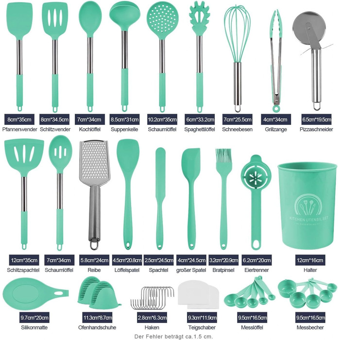 Набір кухонних помічників 45 предметів: силіконове кухонне приладдя, тримач, вінчик з нержавіючої сталі, половник, лопатка, придатне для миття в посудомийній машині, колір блакитний