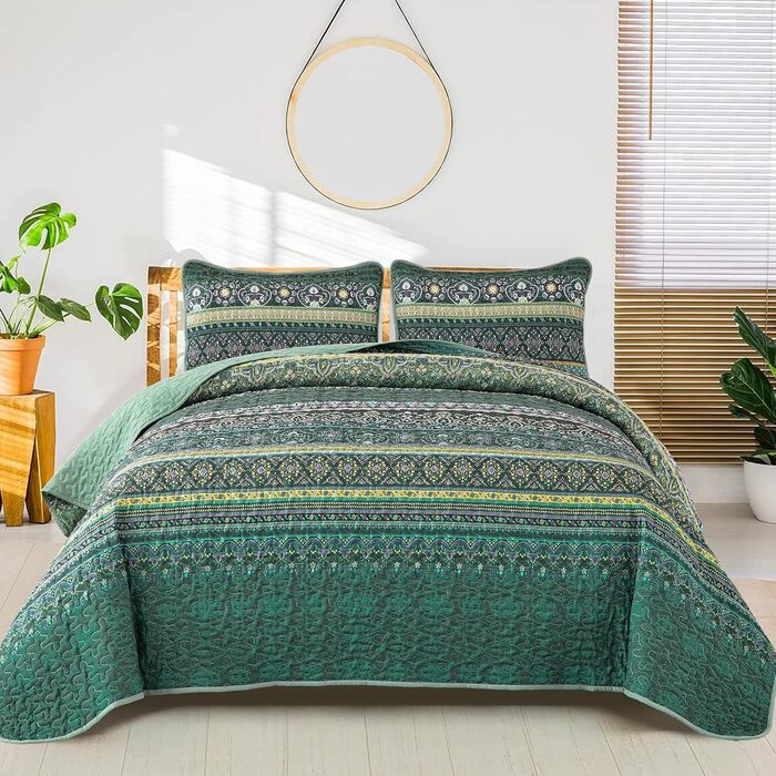 WONGS BEDDING Bedspread 220x240 Bed Throw Bohemian Quilt Steppdecke 3-Piece Double Bed Quilted Bedspread Microfiber Throw Blanket with 2 Pillowcases 50x70 for Bedroom as Sofa Throw (Bohemian) (200x220 cm, Dark Green)
