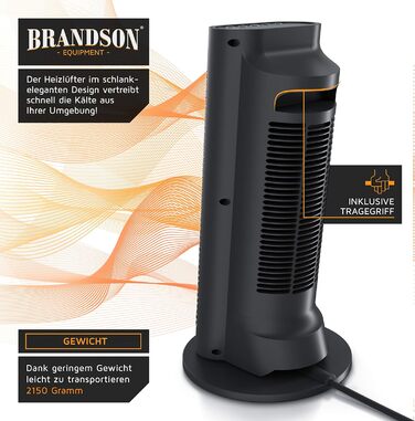 Керамічний обігрівач Brandson з дистанційним керуванням, 2000 Вт, для ванної кімнати, тихий, з осциляцією, 2 режими нагріву, економний режим, підвищена безпека, чорний