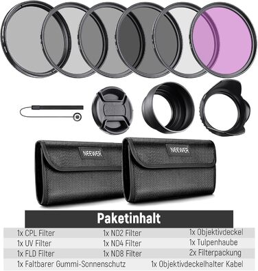 Набір фільтрів Neewer 82mm ND: UV, CPL, FLD, ND2, ND4, ND8, бленда, кришка для об'єктива, сумісний з Canon, Nikon, Sony, Panasonic, DSLR