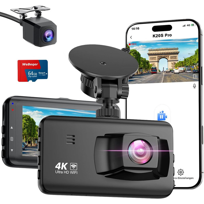 Відеореєстратор у машину Dashcam 4K з двома камерами, WiFi, 64GB SD карта, паркувальний асистент, нічне бачення, 170°+140° кут огляду, 3' IPS дисплей, G-сенсор, циклічна запис, паркування, підтримка карт до 256GB