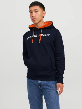 Чоловічий худі JACK & JONES з капюшоном та кишенею, Regular Fit, колір Shocking Orange/Navy Blazer, розмір XS