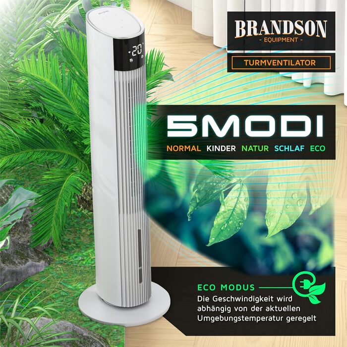 Вентилятор вежний з Wi-Fi та охолодженням Brandson ECO GREEN – розумне охолодження для дому, тихий, з керуванням Alexa, мобільний кондиціонер