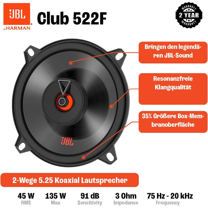 Автомобільні динаміки JBL Club 522F 135 Вт 13 см, 2-смугові, чорні, Harman Kardon
