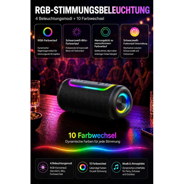 Портативна Bluetooth колонка UOHHBOE 30W, чорна: музика до 30 годин, RGB підсвічування, IPX5 водонепроникність