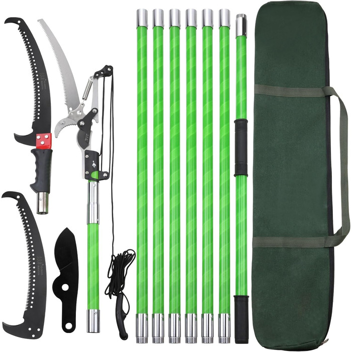 Telescopic pole pruner 8m handsaw, adjustable length, palm high-reach pole with carrying bag, garden tool for cutting palms and shrubs.