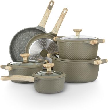 Набір посуду KASANOVA Bambù з антипригарним покриттям, 10 предметів, індукція, скляні кришки (Зелений)