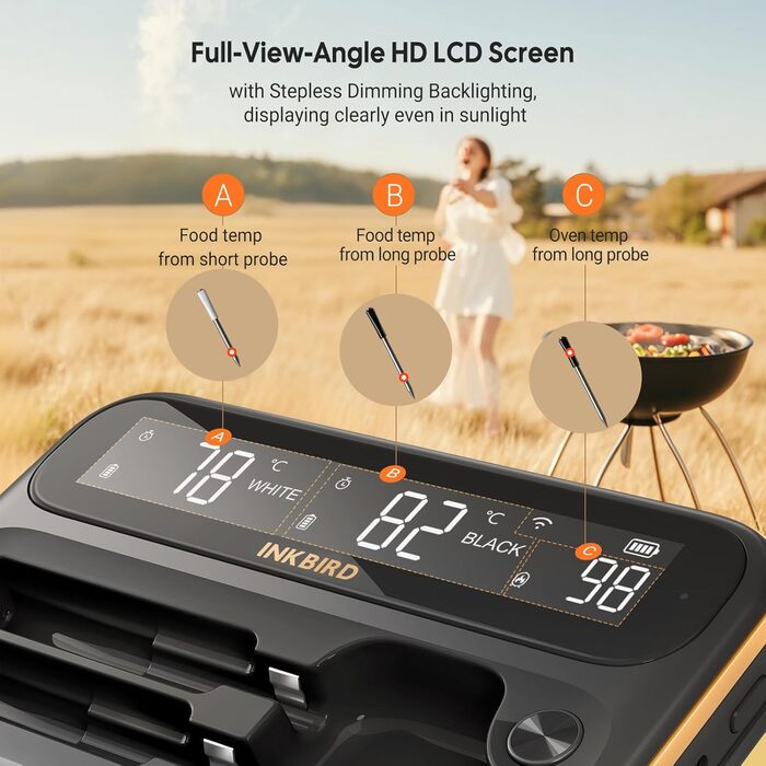Інструмент Inkbird INT-12-BW: Бездротовий термометр для м'яса з Bluetooth 5.4 та Wi-Fi, водонепроникний (IP67), для приготування на грилі, в духовці, коптильні, ротатерії та аерофритюрниці