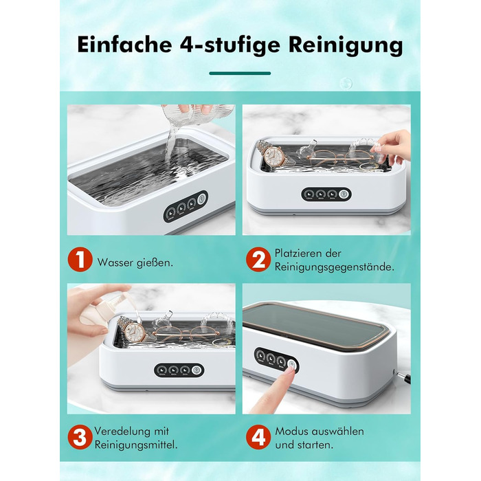 Ультразвукова мийка 650мл для глибокого очищення 360°, 48 кГц, One-Touch, для ювелірних виробів, скляного посуду, протезів