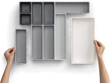 Joseph Joseph Blox 10-Piece Kitchen Utensil, Stationery & Tool Modular Drawer Organizer Set, Grey