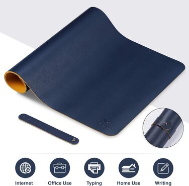 Килимок для миші Leder-Mauspad двосторонній, великий, з PU-шкіри, водонепроникний, для офісу, геймерів, ноутбука (темно-синій/жовтий)