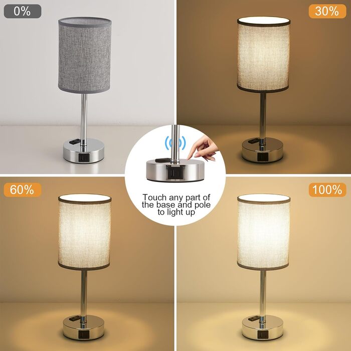 LED-лампа на тумбочку з торшером, сенсорне керування, USB-порт A+C, тканинний абажур, металева основа, для спальні, офісу, вітальні, з лампочкою (сіра)