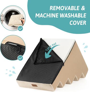 Сходинка для собак COZY KISS: 5 сходинок, 60 см, для малих собак, котів, зручна для ліжка, дивана, авто, щільний пінопласт, знімний чохол (Бежевий, 75x50x60cm)