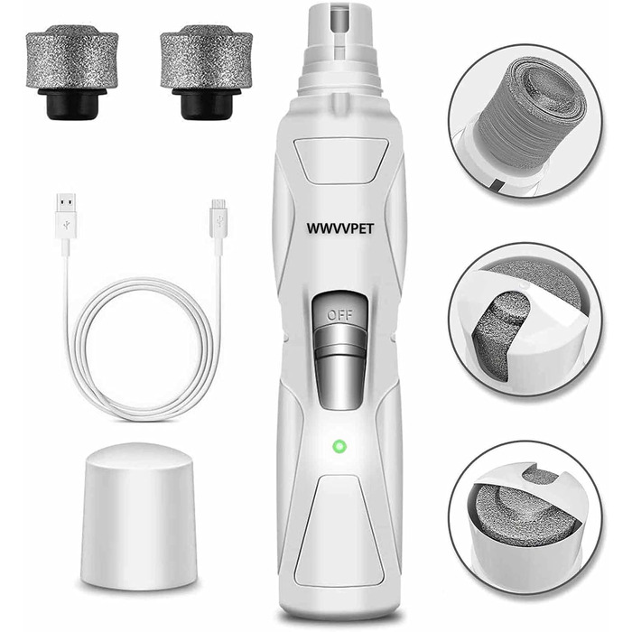 Електричний точило для кігтів собак та котів з LED-підсвічуванням та 2 колесами, точило для кігтів домашніх тварин, тихе та потужне, з низькою вібрацією, біле з LED-підсвічуванням