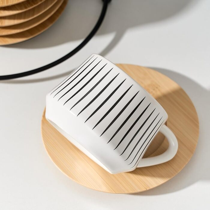 Набір керамічних кавових чашок з блюдцями LUKA, 6 шт., 118 мл, порицелан, для еспресо, лате, кави, мокко, чаю, смугастий дизайн, білий та чорний колір