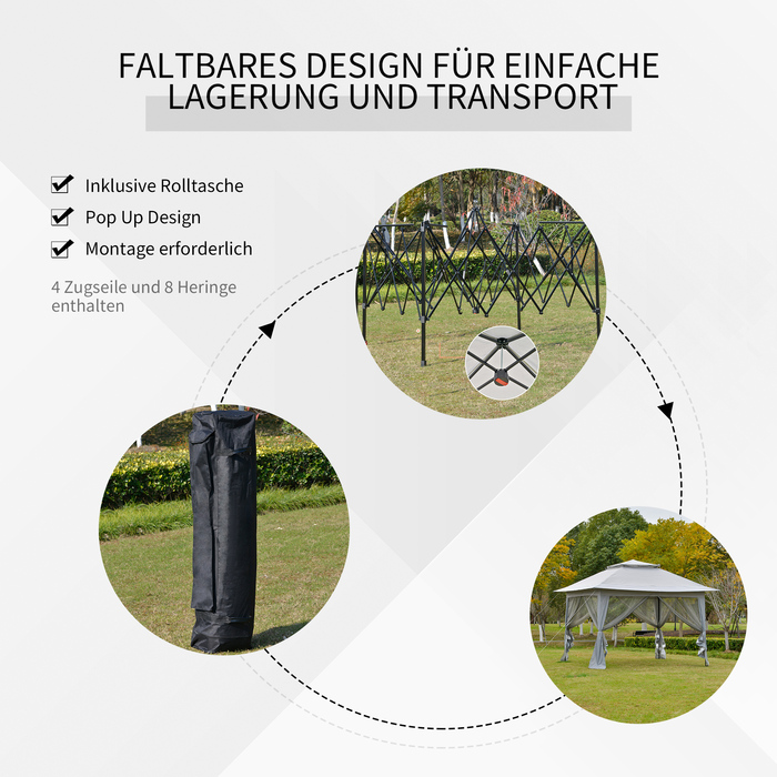 Павільйон Outsunny Faltpavillon Pop-Up Zelt Gartenpavillon, включаючи сумку для перенесення, сталь+Оксфорд+сітка, сірий, 3,64x3,64x2,94 м | Aosom