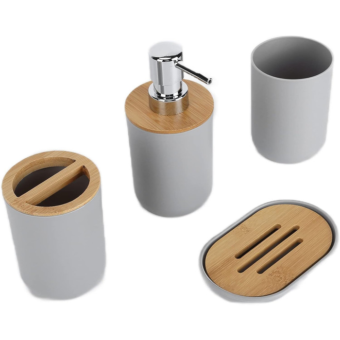 Набір аксесуарів для ванної кімнати на 4 предмети: тримач для зубних щіток, мильниця, дозатор для лосьйону, стакан для ополіскувача, сучасне оздоблення для дому та готелю (сірий)