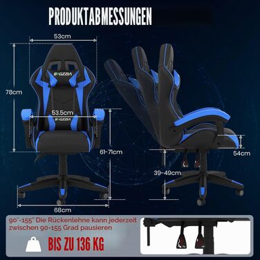 Ігрове крісло Bigzzia Gaming Stuhl з підігрівом, регульована спинка 90-135°, ергономічний геймерський стілець (Синій)