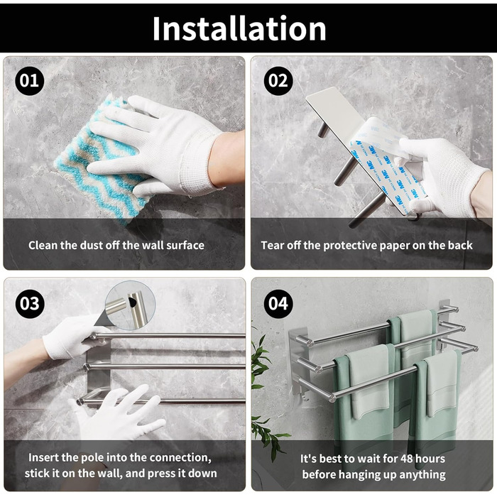 Тримач для рушників на стіну без свердління, SUS304 нержавіюча сталь, 3 стійки, 2 гачки, 60 см, сріблястий