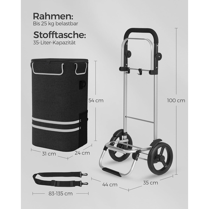 SONGMICS Shopping Trolley, Cart, Shopping Cart with Cooler Compartment, Large, 35 Liters, Folding, Shopping Bag with Wheels, Removable Bag, Black KST03BK