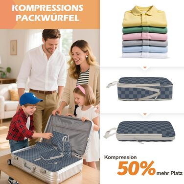 VnioLife Набори для пакування валізи - 8 шт. Органайзери для подорожей, компресійні кубики, синій та сірий