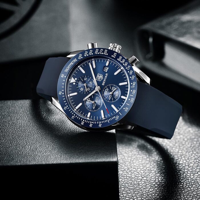 Годинник чоловічий Benyar з хронографом, кварцовий, водостійкий 30M, з датою, для активного відпочинку, спортивний, шкіряний, з гумовим ремінком, срібний, блакитний